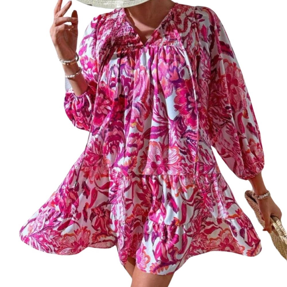 Women’s Floral Print Tie Neck Lantern Sleeve Dress
